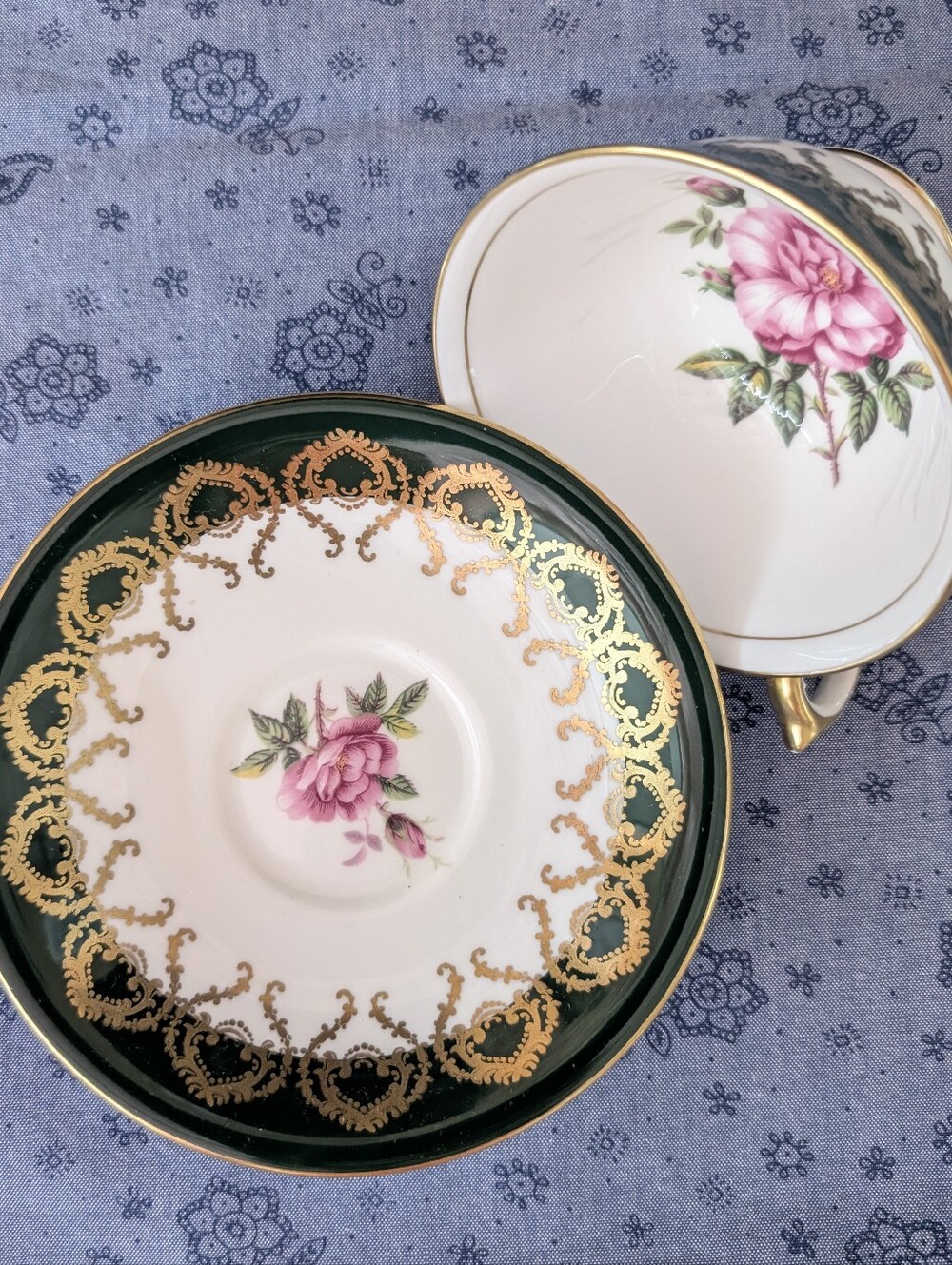 Aynsley Teacup and Saucer Set - Pink Cabbage Rose & Forest Green with Gold Trim